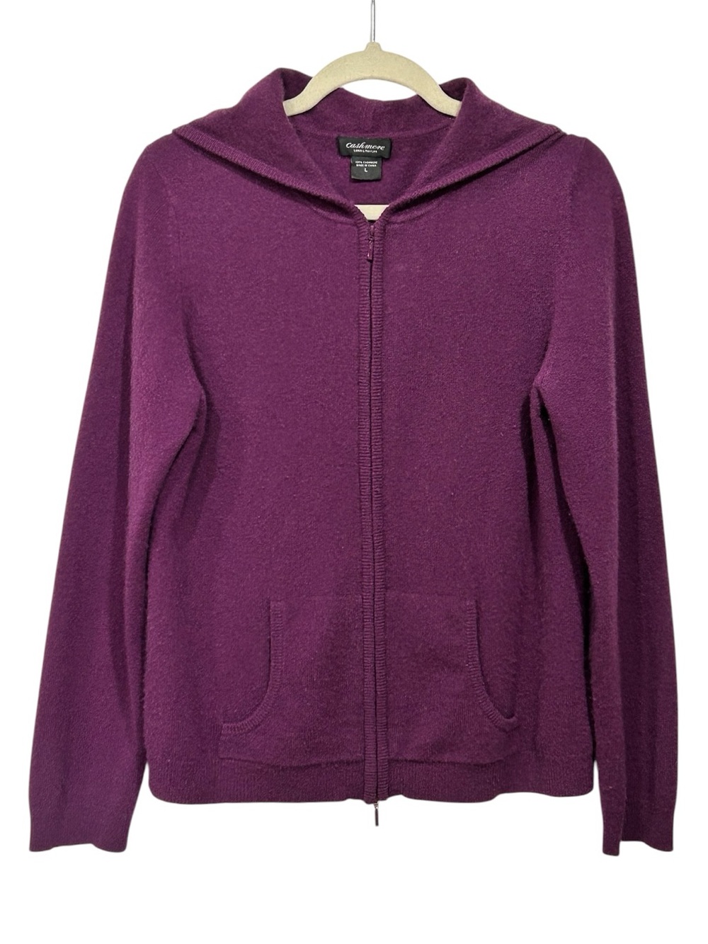 Lord & Taylor Cashmere Purple Zip-Up Hoodie Sweater Sporty Elevated Loungewear L